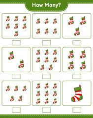 Counting game, how many Christmas Sock. Educational children game, printable worksheet, vector illustration
