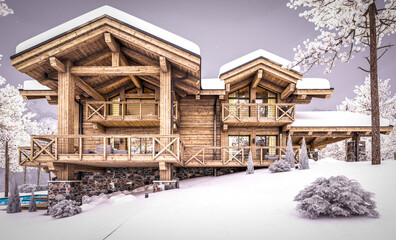 Fototapeta na wymiar 3d rendering of modern cozy chalet with pool and parking for sale or rent. Beautiful forest mountains on background. Massive timber beams columns. Cool winter evening with cozy light from windows
