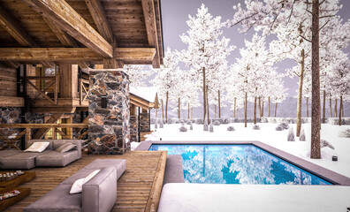3d rendering of modern cozy chalet with pool and parking for sale or rent. Beautiful forest mountains on background. Massive timber beams columns. Cool winter evening with cozy light from windows