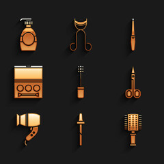 Set Mascara brush, Pipette, Hairbrush, Scissors, dryer, Eye shadow palette, Nail file and Bottle of liquid soap icon. Vector