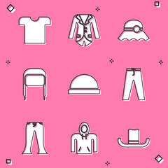 Set T-shirt, Blazer or jacket, Elegant women hat, Winter with ear flaps, Beanie, Pants, and Hoodie icon. Vector