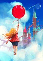 A little girl child is flying through the sky holding on to a big red balloon, she is heading to a fabulous multi-colored kingdom with many towers in white clouds in the blue sky. 2d illustration