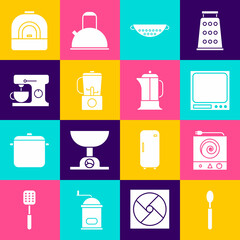 Set Spoon, Electric stove, Electronic scales, Kitchen colander, Blender, mixer, Oven and French press icon. Vector