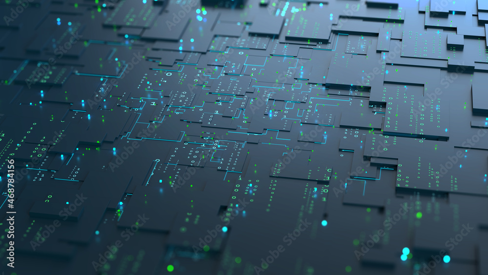 Poster blockchain technology, futuristic microcircuit. motherboard, neural network and cyber technology. bi