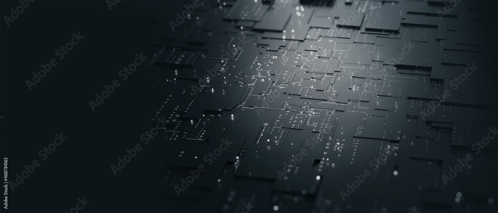 Poster Peer-to-peer blockchains. Future of internet technologies. Motherboard, neural network and cyber technology. Big data analytics. Coding and programming high tech 3d illustration