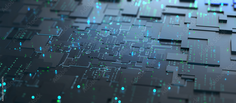 Fototapete Peer-to-peer blockchains. Future of internet technologies. Motherboard, neural network and cyber technology. Big data analytics. Coding and programming high tech 3d illustration