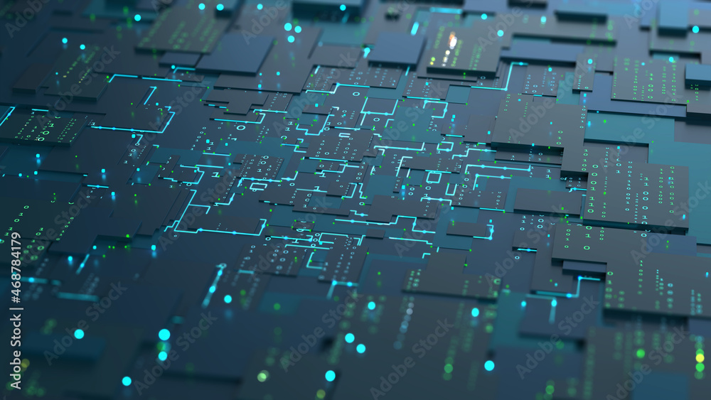 Fototapete Peer-to-peer blockchains. Future of internet technologies. Motherboard, neural network and cyber technology. Big data analytics. Coding and programming high tech 3d illustration