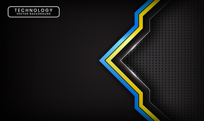 3D black technology abstract background, overlap layers on dark space with blue yellow stripes effect decoration. Modern template element future style for flyer, card, cover, brochure, or landing page