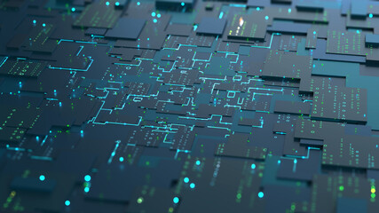 Obraz premium Peer-to-peer blockchains. Future of internet technologies. Motherboard, neural network and cyber technology. Big data analytics. Coding and programming high tech 3d illustration