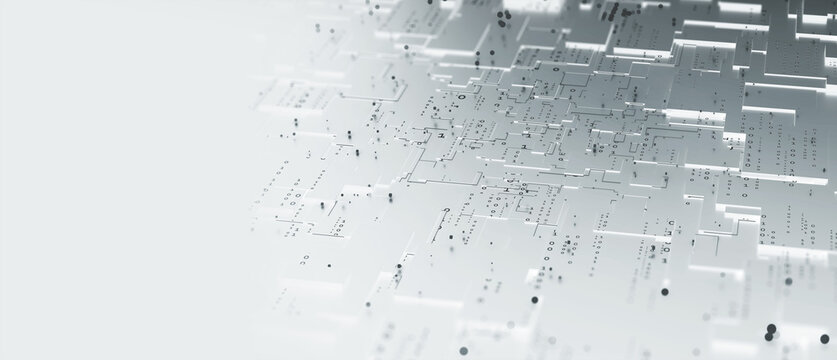 Blockchain technology, futuristic microcircuit. Motherboard, neural network and cyber technology. Binary code in cyberspace. Analysis and processing of data 3D illustration