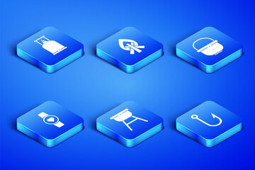 Set Fishing hook, Camping gas stove, Barbecue grill, Smart watch showing heart beat rate, Campfire and pot icon. Vector