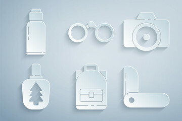 Set Hiking backpack, Photo camera, Canteen water bottle, Swiss army knife, Binoculars and icon. Vector