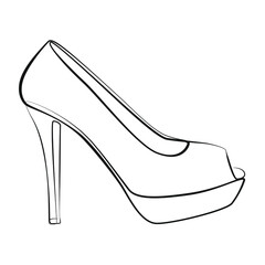 High-heeled shoes with open toe one line drawing on white isolated background. Vector illustration