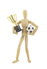 Wooden figurine with soccer ball and champion cup isolated on white background. Football champion concept.