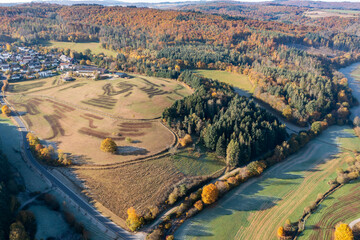 Bird's eye view of fields and forests in the Aar Valley / Germany in the Taunus in autumn 