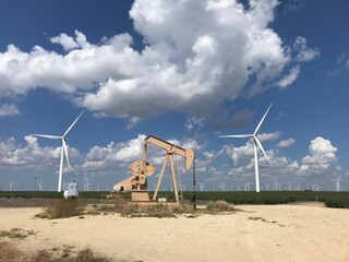 Oil drilling pumps and wind turbines.