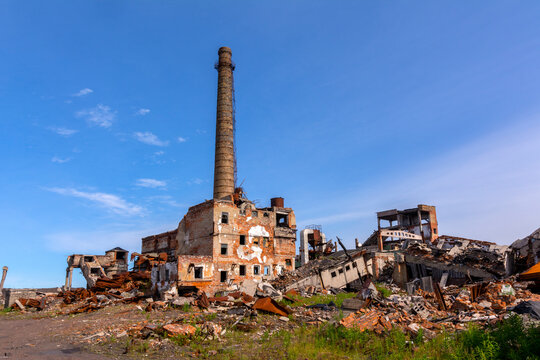 The territory of the former coal mine.Abandoned mine in the former settlement of Khalmer-Yu, Vorkuta, Russia.