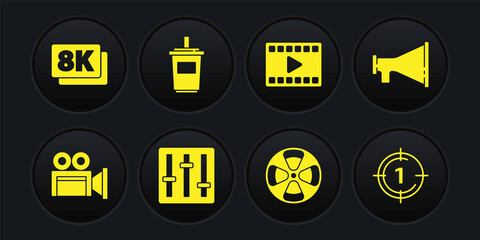 Set Cinema camera, Megaphone, Sound mixer controller, Film reel, Play Video, Paper glass with water, Old film movie countdown frame and 8k Ultra HD icon. Vector