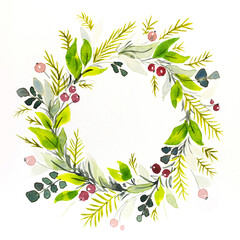 Winter wreath painted by watercolor. Hand drawn illustration.