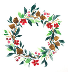 Winter wreath painted by watercolor. Hand drawn illustration.