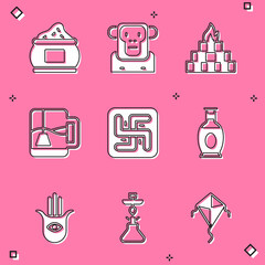 Set Indian spice, Monkey, Yagna, Cup of tea with tea bag, Hindu swastika, vase, Hamsa hand and Hookah icon. Vector