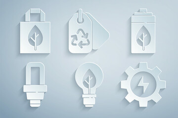 Set Light bulb with leaf, Eco nature and battery, LED light, Gear lightning, Tag recycle and Shopping bag icon. Vector