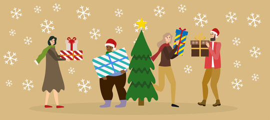 shopping concept, people celebrating winter holidays together, holidays, company of friends, vector illustration
