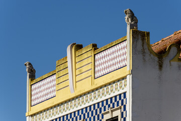 facade of an art deco style house in Odiáxere, Algarve, Portugal