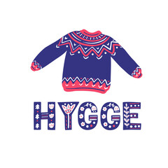 Hygge Christmas illustration with sweater and decorative lettering, Scandinavian style art.