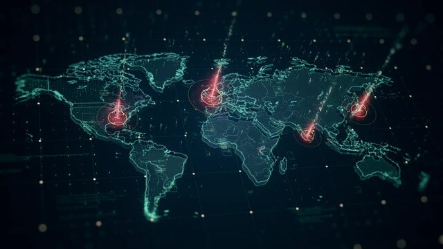 High-tech digital world map with animated visual HUD elements , futuristic grid, lines, glowing circles and random coding. Motion video is great for visualization and promotion of Hi-tech projects.