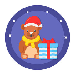 Cute Bear Wearing Santa Cap and Gift Box Concept Vector Color Icon Design, Merry Christmas Symbol on white background, New Year Celebration Sign, Winter holidays stock illustration