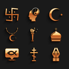 Set Aspergillum, Christian cross, Hands in praying position, Church tower, fish, Star crescent chain, and Hindu swastika icon. Vector