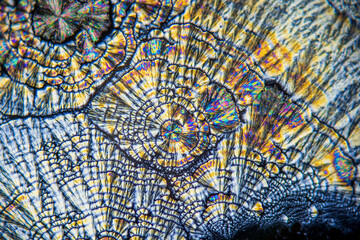 Colorful crystals under microscope, polarization colors, polar filters