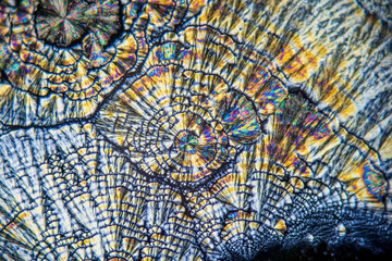 Colorful crystals under microscope, polarization colors, polar filters