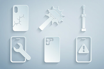 Set Smartphone, Screwdriver, Mobile service, with exclamation mark, Hammer and broken screen icon. Vector