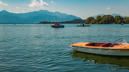 Fototapeta na wymiar Beautiful alpine summer view with a small wooden boat at the famous Chiemsee, Bavaria, Germany