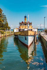Beautiful alpine summer view with details of a touristic passenger ship at the famous Chiemsee,...