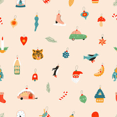 Fototapeta na wymiar New year seamless pattern with cute funny Christmas toys. Tiger, car, Santa Claus, toadstool and other Christmas toys. Background for gift wrapping or fabric design. Vector illustration