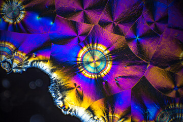 Colorful crystals under microscope, polarization colors, polar filters