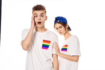 couple in white t-shirts Flag lgbt transgender sexual minorities