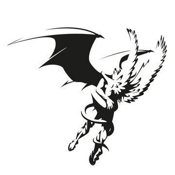the angel and the devil embrace, black and white vector illustration