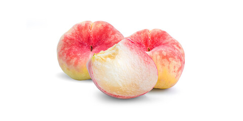 Ripe chinese flat peach fruit and slices isolated on white background