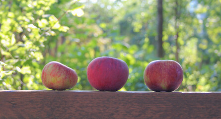 Three apples on a wooden surface.