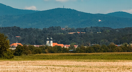 Beautiful summer far view of Metten, Danube, Bavaria, Germany, with the famous Bavarian forest in the background