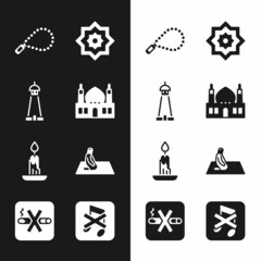 Set Muslim Mosque, tower or minaret, Rosary beads religion, Octagonal star, Burning candle, man prays, Speaker mute and No Smoking icon. Vector
