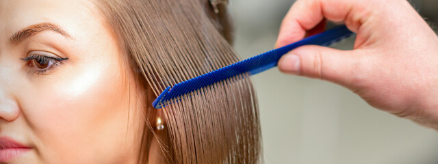 Hairdresser straightens female brown hair of medium length with a hair with an iron hair...
