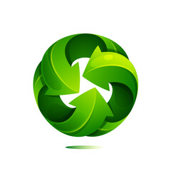 Sphere logo. Recycling symbol with green gradient light and shadows effects.