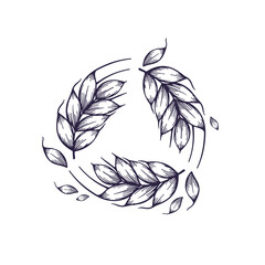 Circle emblem made of looped wheat ears. Hand-drawn vector vintage engraved illustration.