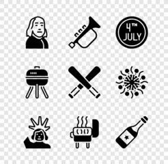 Set Benjamin Franklin, Trumpet, Calendar with date July 4, Statue of Liberty, Barbecue grill, Champagne bottle, and Crossed baseball bat icon. Vector