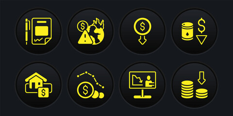 Set Hanging sign with Sale, Drop crude oil price, Dollar rate decrease, Global economic crisis news, and Contract money and pen icon. Vector